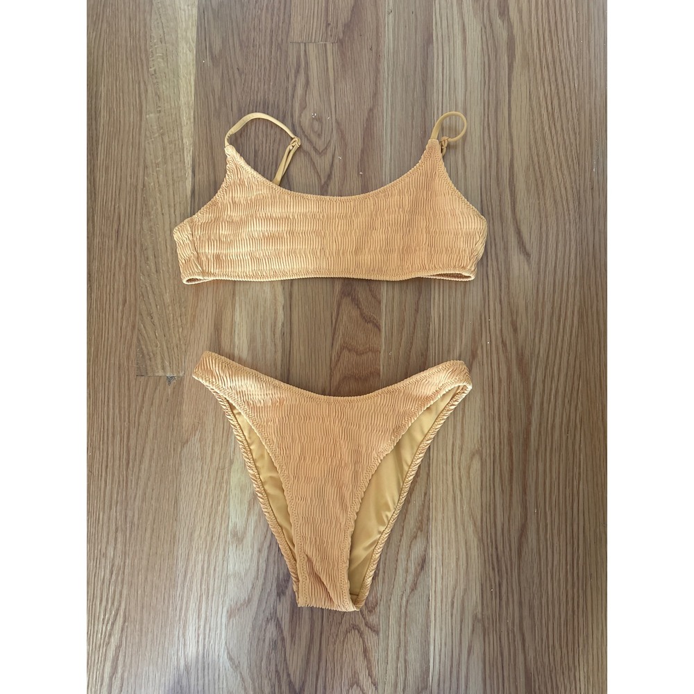PacSun Swim‎ Eco Mustard Yellow Crinkle Smocked Bikini Set Small Scoop High Cut